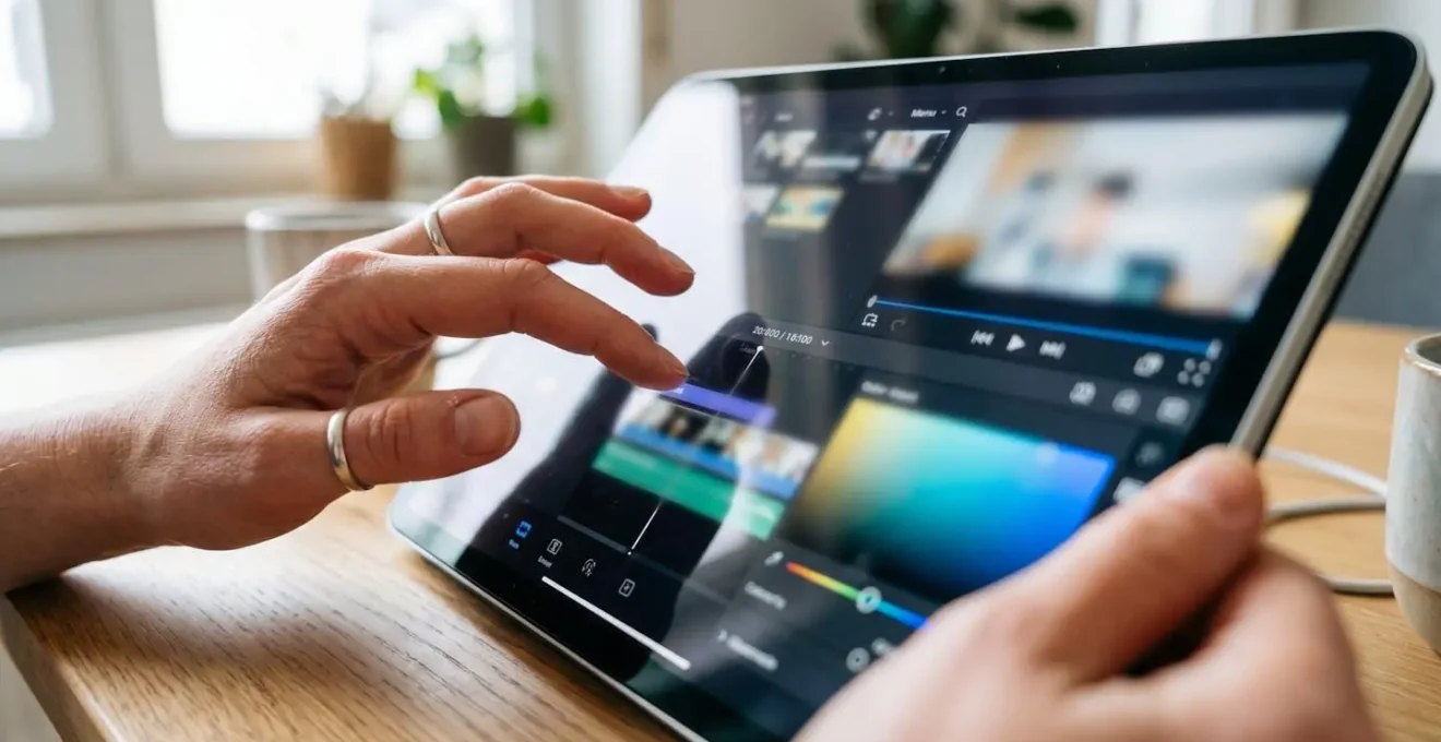 Nahaufnahme von Händen, die auf einem Tablet eine Farbpalette in einer Videobearbeitungs-Oberfläche anpassen