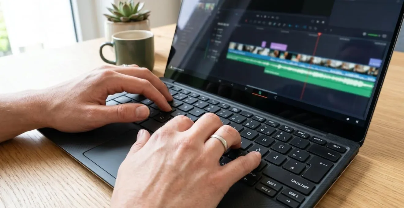 Extreme Nahaufnahme von Händen, die auf moderner Laptop-Tastatur tippen, Video-Timeline auf Bildschirm stark verschwommen im Hintergrund