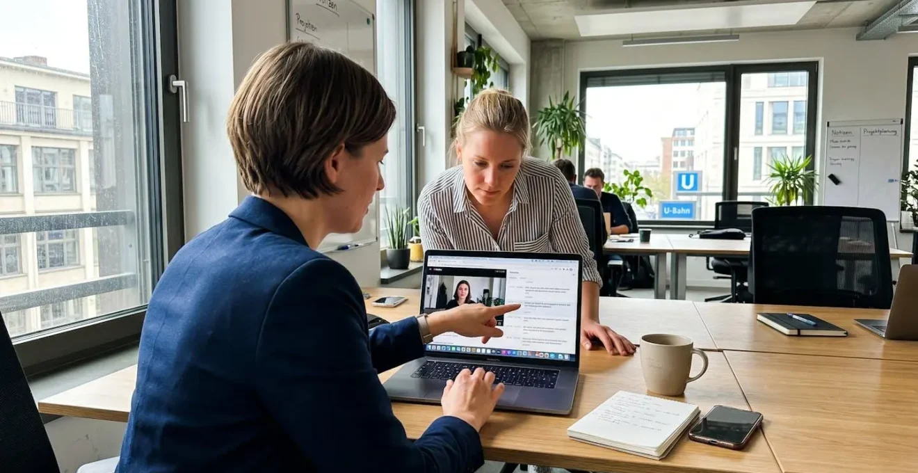 Zwei Kollegen betrachten gemeinsam einen Laptop-Bildschirm mit Video-Untertiteln in einem hellen modernen Büro