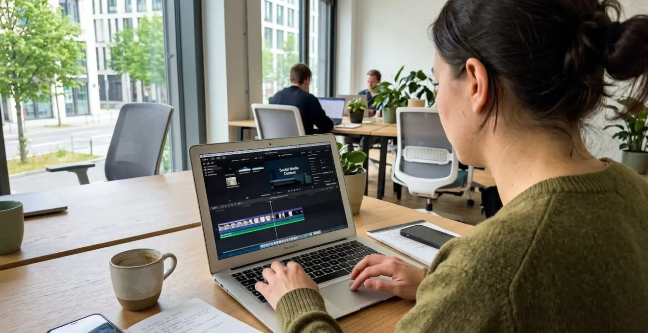 Eine Person arbeitet konzentriert an einem Laptop in einem hellen, modernen Büro und bearbeitet ein Video mit einer Template-Oberfläche
