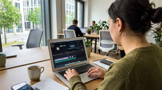 Eine Person arbeitet konzentriert an einem Laptop in einem hellen, modernen Büro und bearbeitet ein Video mit einer Template-Oberfläche