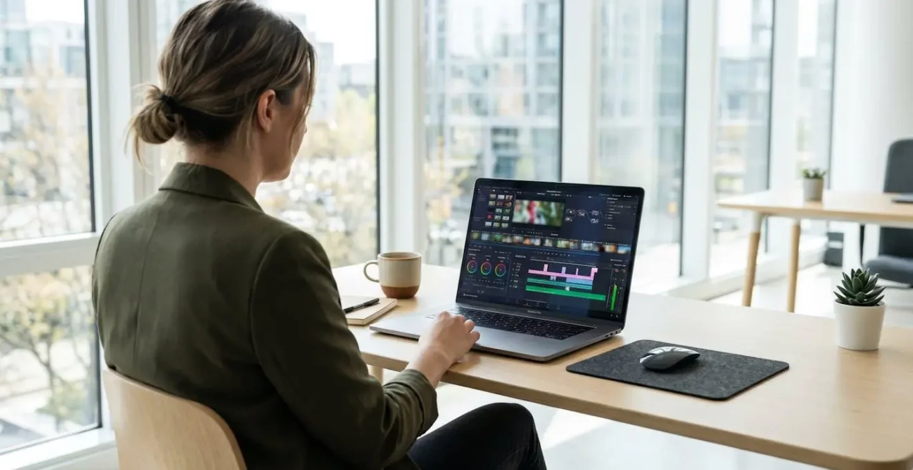 Eine Person arbeitet konzentriert an einem Laptop in einem modernen, hellen Büro und bearbeitet Video-Inhalte