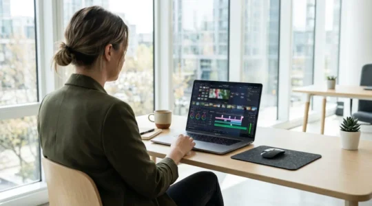 Eine Person arbeitet konzentriert an einem Laptop in einem modernen, hellen Büro und bearbeitet Video-Inhalte