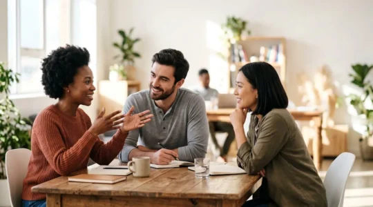Marketing-Team arbeitet gemeinsam an digitalen Werkzeugen in modernem Workspace