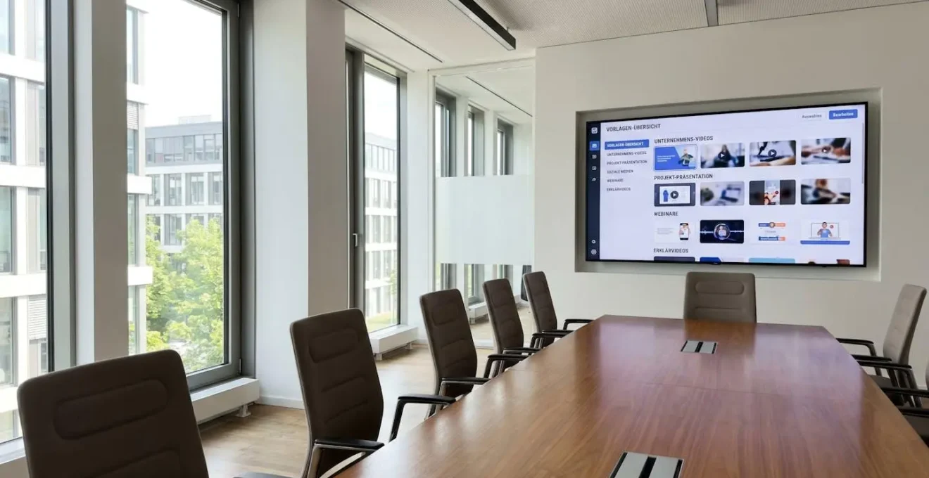 Weitwinkelaufnahme eines hellen, modernen Konferenzraums mit grossem Bildschirm, der eine Übersicht verschiedener Video-Templates zeigt, leere Stühle im Vordergrund