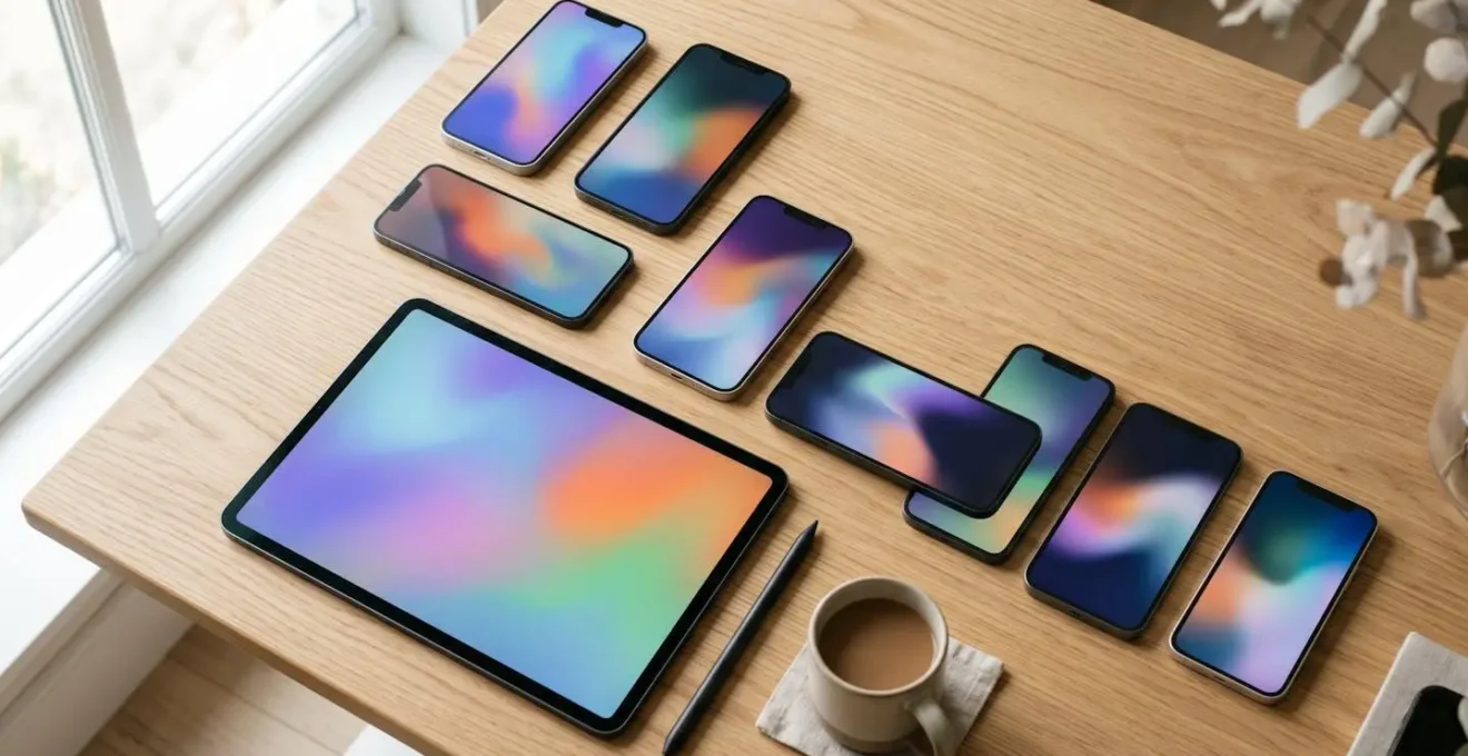 Professionelle Bildkomposition zeigt verschiedene moderne Social-Media-Geräte in minimalistische Umgebung, die kreative Marketingstrategie symbolisiert