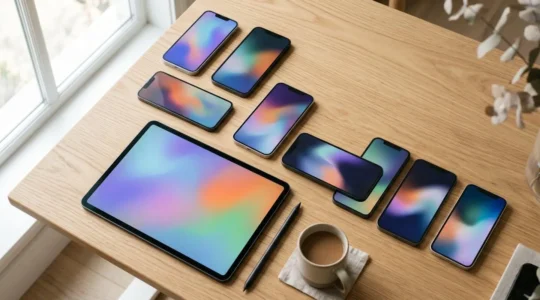 Professionelle Bildkomposition zeigt verschiedene moderne Social-Media-Geräte in minimalistische Umgebung, die kreative Marketingstrategie symbolisiert