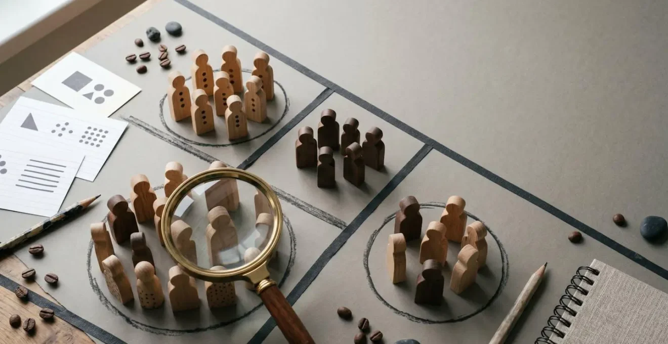 Konzeptionelle Darstellung präziser Zielgruppensegmentierung durch symbolische Anordnung von Objekten mit demografischen Bezügen
