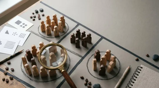 Konzeptionelle Darstellung präziser Zielgruppensegmentierung durch symbolische Anordnung von Objekten mit demografischen Bezügen