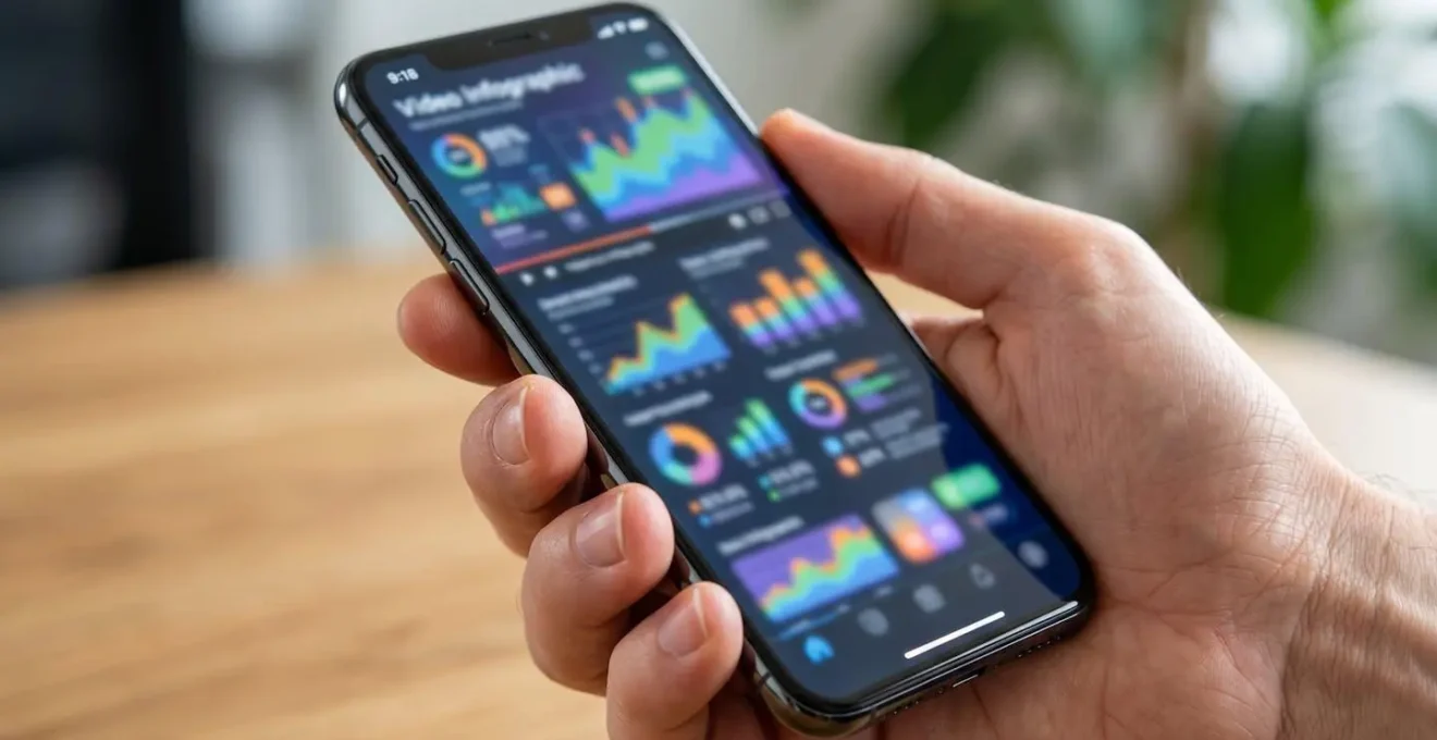 Eine Hand hält ein Smartphone im Hochformat, auf dem eine farbenfrohe Video-Infografik mit Datenvisualisierung zu sehen ist