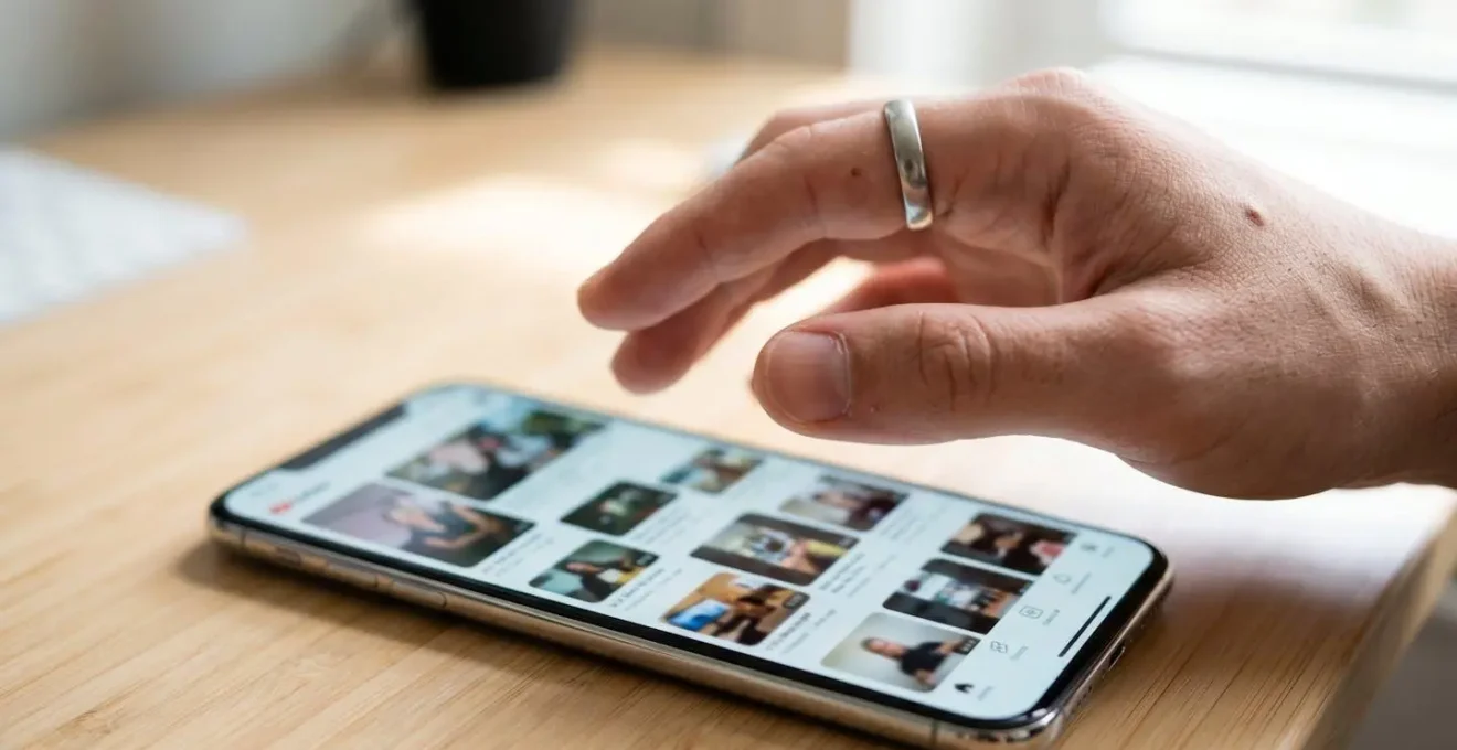 Nahaufnahme einer Hand, die über einem Smartphone schwebt, das mehrere Video-Format-Thumbnails zeigt, Bildschirminhalt künstlerisch unscharf