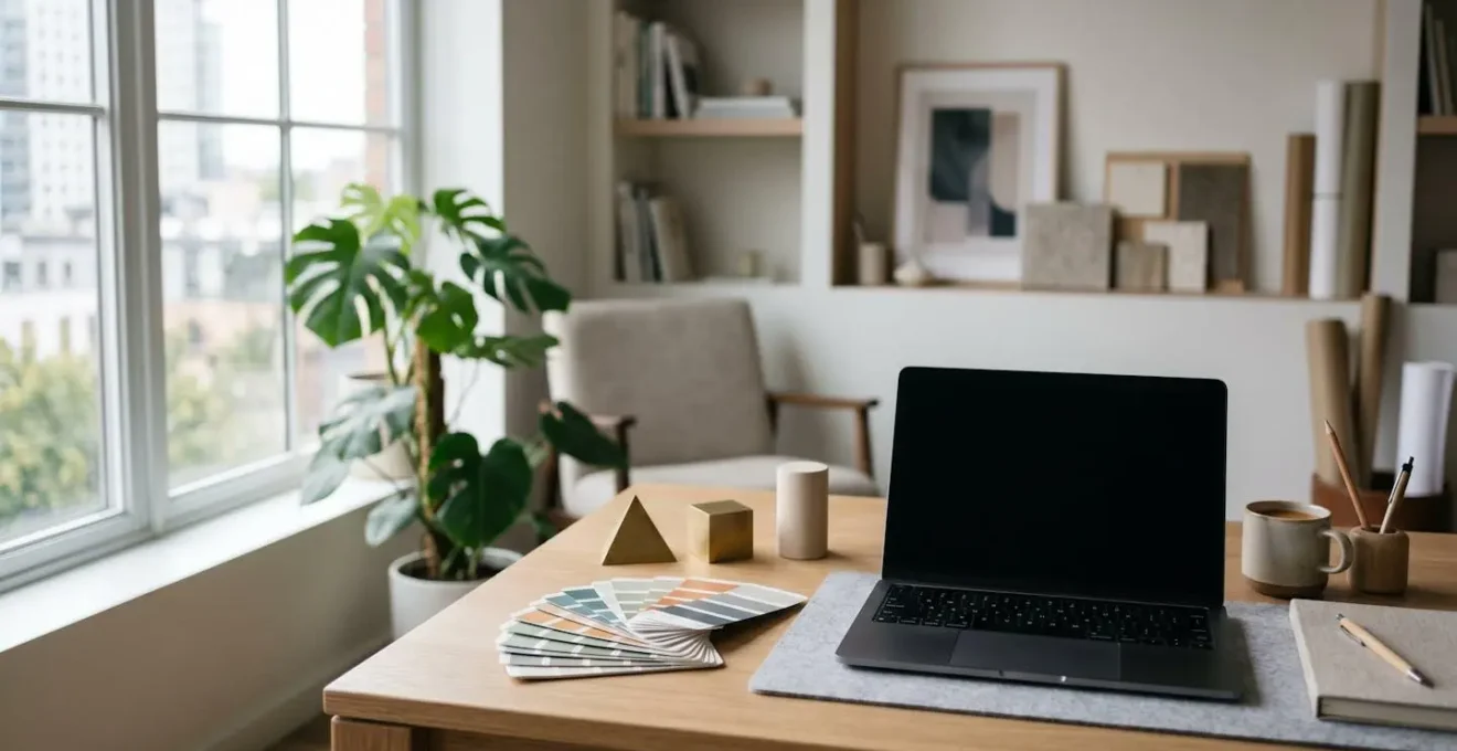 Professioneller Arbeitsplatz für visuelle Content-Produktion mit Design-Tools