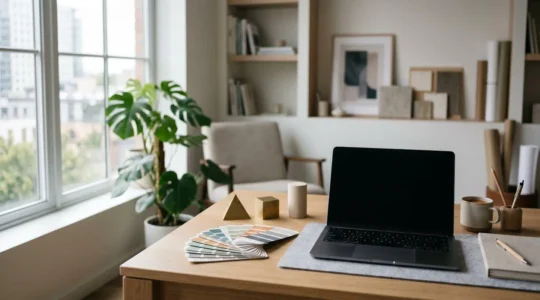 Professioneller Arbeitsplatz für visuelle Content-Produktion mit Design-Tools