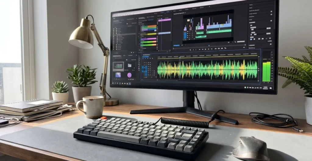 Extreme Nahaufnahme einer Computer-Tastatur mit unscharfem Monitor im Hintergrund, der Wellenformen und Untertitel-Timeline zeigt